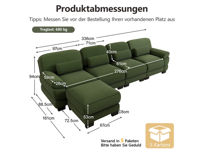  Canapé modulable en l 4 places 336x161x94 cm avec pouf, assise profonde, combinaison flexible, tissu côtelé vert design  - Conforama C