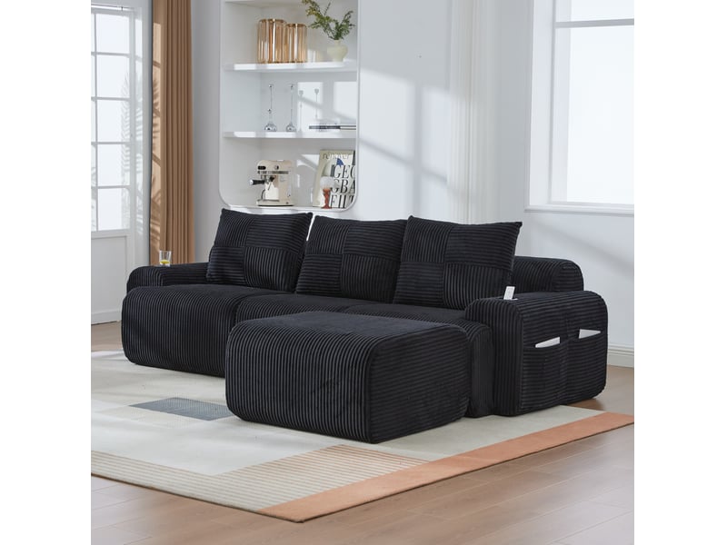  Canapé d’angle modulable 3 places 268x174x80 cm velours côtelé noir  - Conforama E