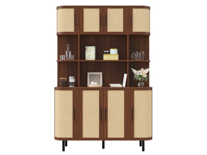  Buffet haut ulevr 8 portes avec rangement, 120 x 40 x 180 cm, mdf noyer, façades tressées, poignées noires et pieds en fer  - Conforama A
