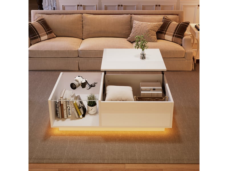 Table basse led blanche avec plateau relevable, rangement caché, 100 x 50 cm, blanc - Conforama B
