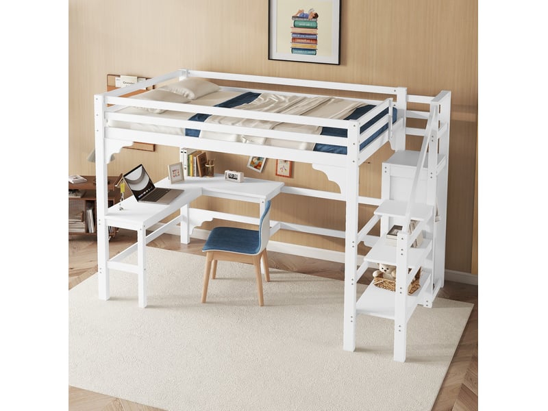  Lit mezzanine 140x200 cm avec bureau en l, armoire ouverte, en pin et mdf, blanc  - Conforama E