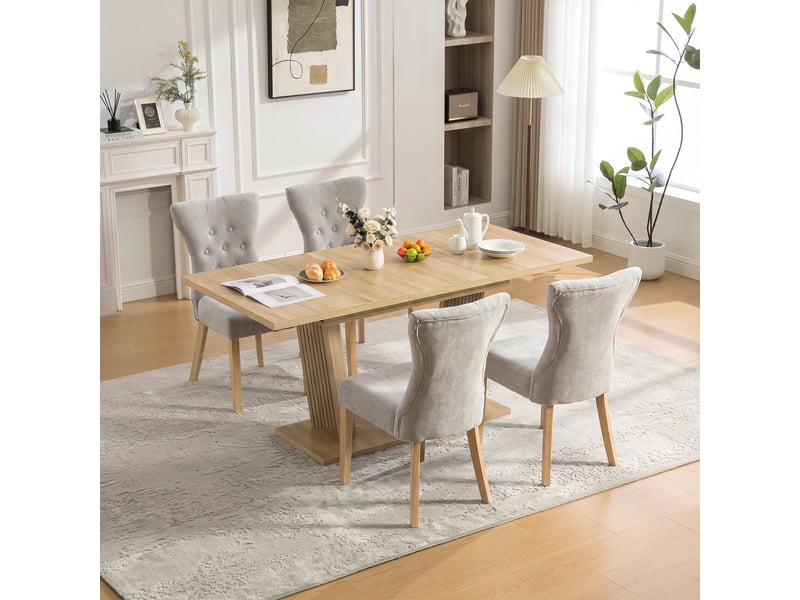  Ensemble salle à manger table extensible + 6 chaises – aspect bois massif, tissu chenille gris, pieds bois massif, clous décoratifs  - Conforama D