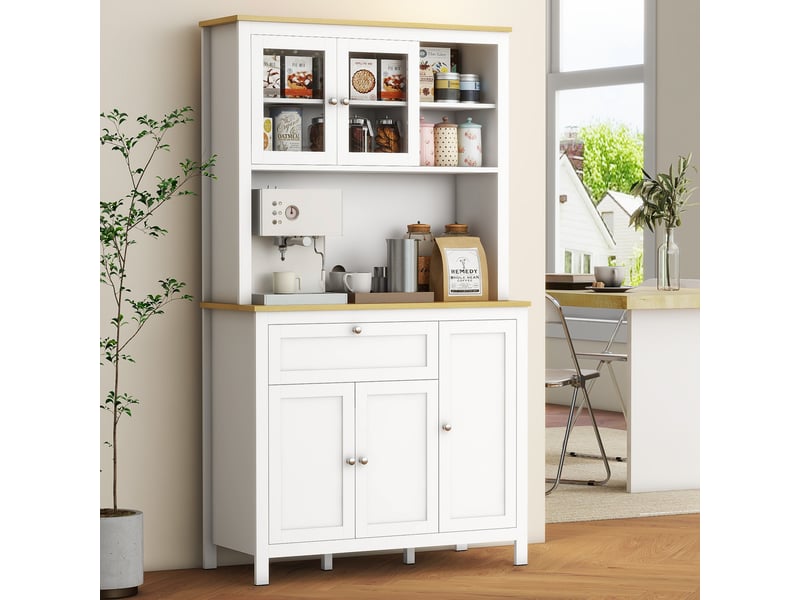  Buffet de cuisine haut à 5 portes, dont 2 portes vitrées et 1 tiroir, 1 niche centrale – hauteur 180 cm, blanc  - Conforama C