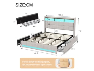 Lit avec rangement 180x200 cm <strong></strong>  <strong></strong> coloris beige