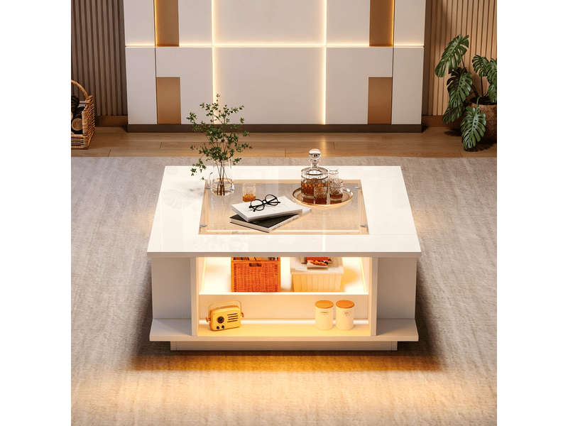  Table basse carrée blanche avec éclairage led - plateau en verre et rangement 70x70x30 cm  - Conforama B