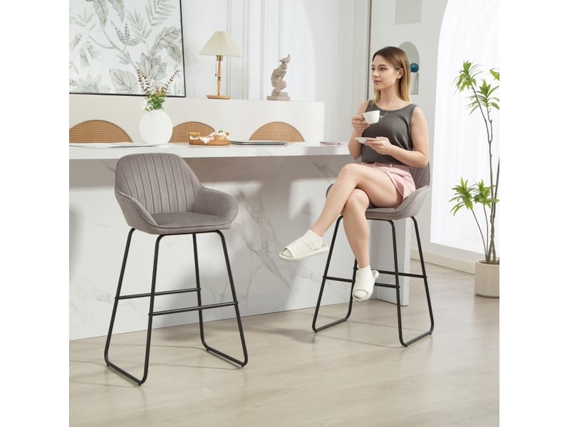  Tabouret de bar lot de 2 avec assise rembourrée, accoudoirs et repose-pieds, en polyester gris  - Conforama C