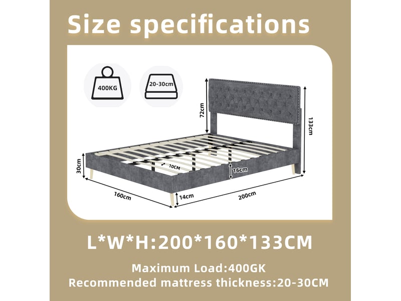  Lit adulte 160 x 200 cm, sans matelas, velours gris, doté de tête de lit moelleuse et sommier, lit 2 places  - Conforama C