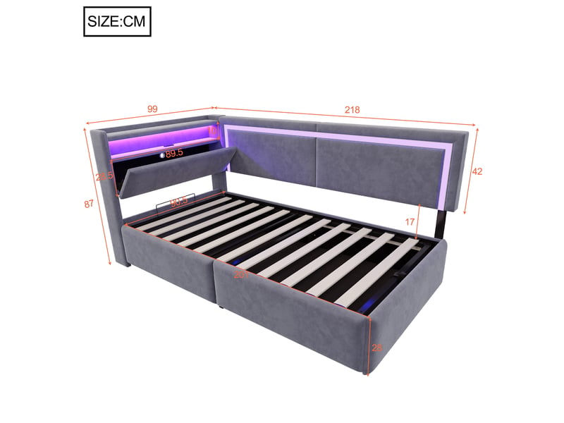  Lit coffre enfant, 90 x 200 cm, avec led intégrée et connectiques usb, foncé, matelas non inclus, velours, coloris gris  - Conforama C