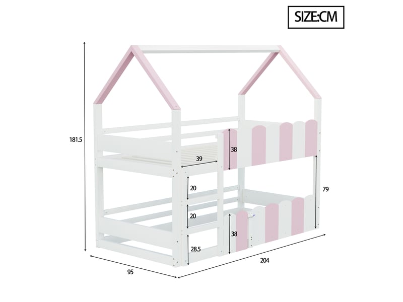  Lit superposé enfant 90x200 cm, forme de maison, barrières surélevées, un seul sommier, bois, blanc rose, sans matelas  - Conforama C