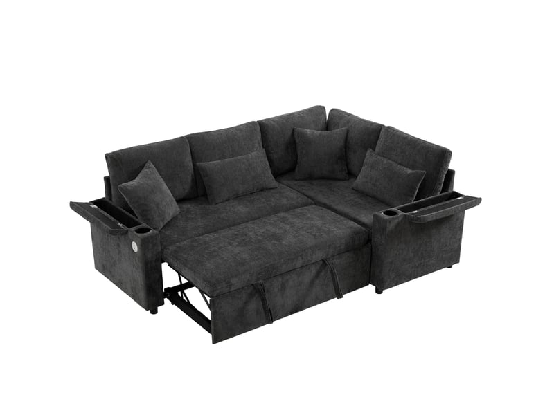 Canapé d'angle convertible 206,5x141x86 cm 4 places, coffre de rangement, porte-gobelet, usb intégré, tissu chenille gris foncé - Conforama A