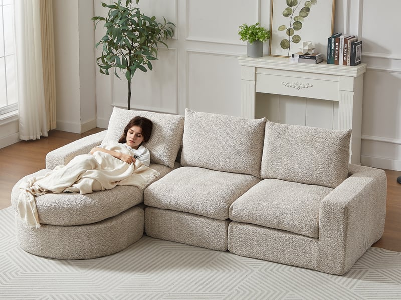  Canapé d’angle modulable 3 places en tissu chenille, méridienne réversible, 250 × 160 × 80 cm, beige  - Conforama B