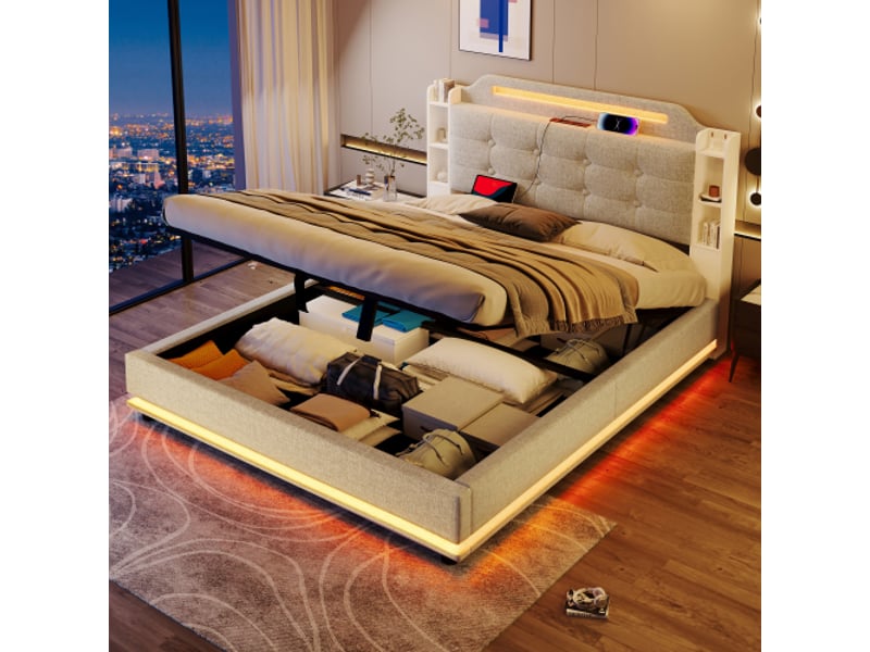  Lit rembourré, 140 x 200 cm, avec bande lumineuse led, rangement hydraulique, multiples compartiments de rangement, sans matelas, usb + type-c, lin, beige  - Conforama D