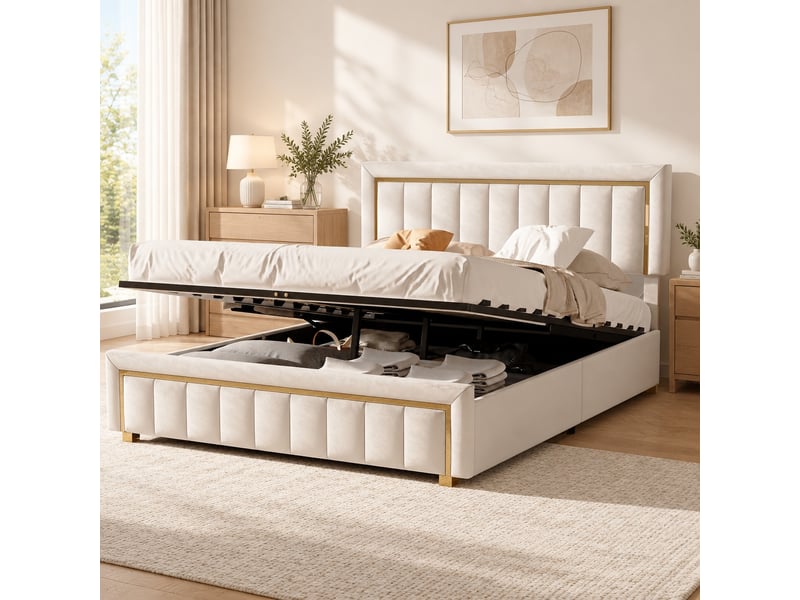  Lit coffre 160x200, lit 2 places avec rangement hydraulique, tête de lit et sommier à lattes, velours beige  - Conforama B