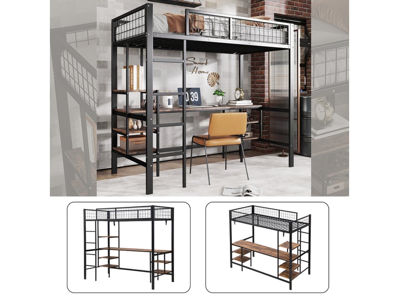  Lit mezzanine enfant 200×90 cm avec bureau, étagères et échelle à 4 marches, sans matelas, en métal noir et bois  - Conforama E