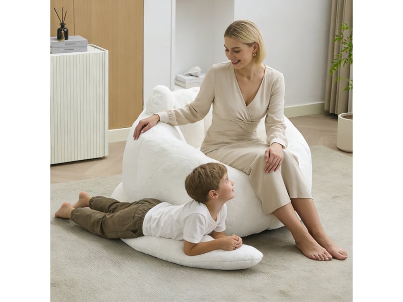  Fauteuil pouf en forme de lotus, assise moelleuse et léger à déplacer, en peluche effet fourrure de lapin blanc  - Conforama E