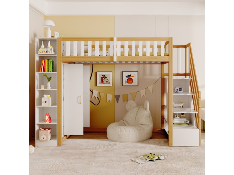  Lit mezzanine 90x200 cm avec grande armoire, échelle de sécurité avec rangement, lit enfant en bois massif, lit mezzanine blanc et bois.  - Conforama B
