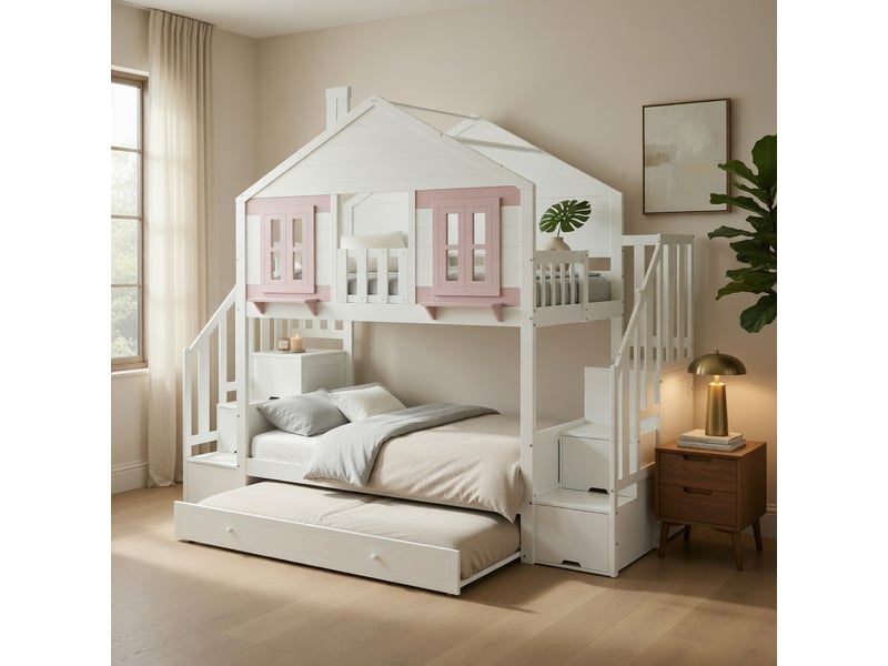 Gutenacht lit superposé gigogne 90x200cm, fenêtre, toit, blanc & rose - Conforama C