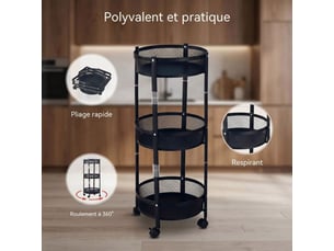 Chariot de rangement mobile rond 3 niveaux pliable noir mesh 360°