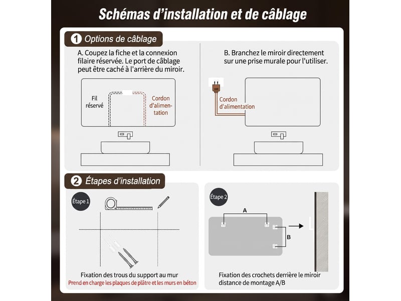  Miroir salle de bains led 60x120 cm anti-buée à cadre aluminium noir  - Conforama W