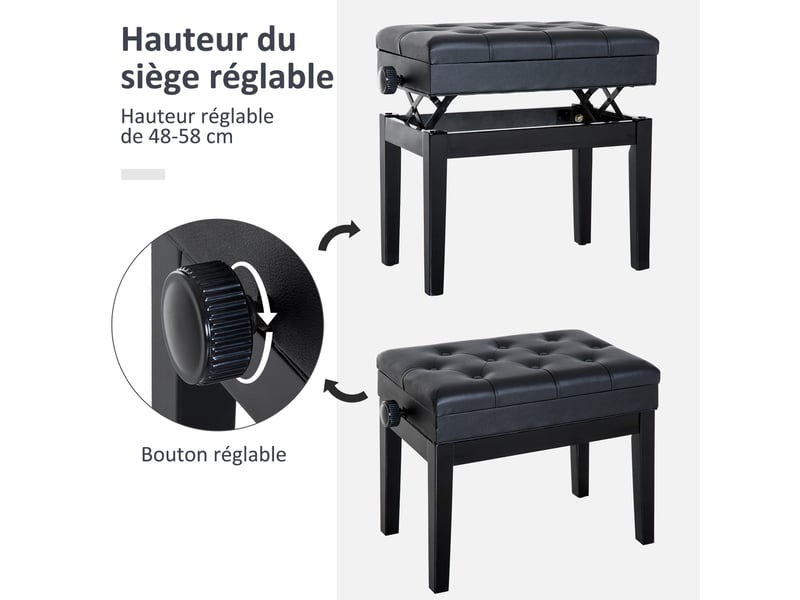 Banc de piano, banc de clavier réglable en hauteur en bois massif, tabouret piano avec compartiment caché, siège rembourré polyuréthane à 10 boutons, stable et antidérapant, noir, charge 200kg  - Conforama A