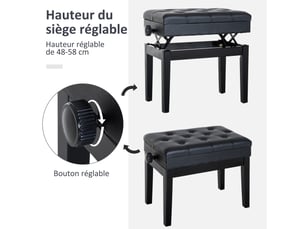 Banc de piano, banc de clavier réglable en hauteur en bois massif, tabouret piano avec compartiment caché, siège rembourré polyuréthane à 10 boutons, stable et antidérapant, noir, charge 200kg