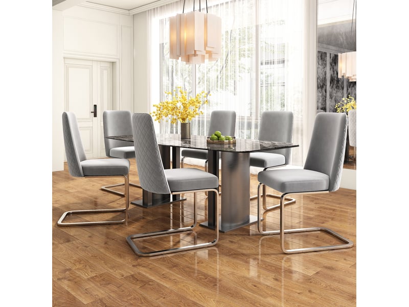 Lot de 6 chaises 45x42x88cm, pieds en métal argenté, dossier à design de diamant, design moderne, velours, gris  - Conforama B