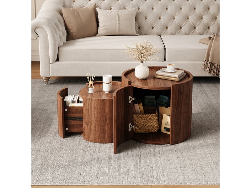  Table basse arrondie 77,5 x 47,5 x 40 cm avec tiroirs, portes courbes et rangement intégré, panneaux de particules, noyer OMNIGLINT TRADING LTD - Conforama C