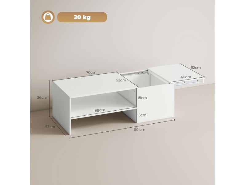  Table basse avec plateau coulissant, rangement caché et niche ouverte, finition mélaminée blanche pour le salon  - Conforama C