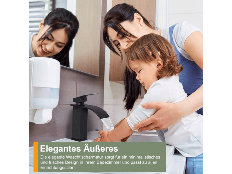  Robinet de salle de bain cascade en acier inoxydable noir, mitigeur de lavabo monotrou à deux voies (bec cascade plat noir, flexible inclus)  - Conforama E