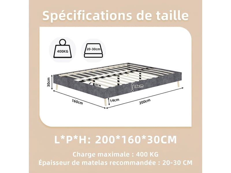 Cadre de lit 160x200 bas lit double gris velours hollandais sans tête de lit - Conforama C