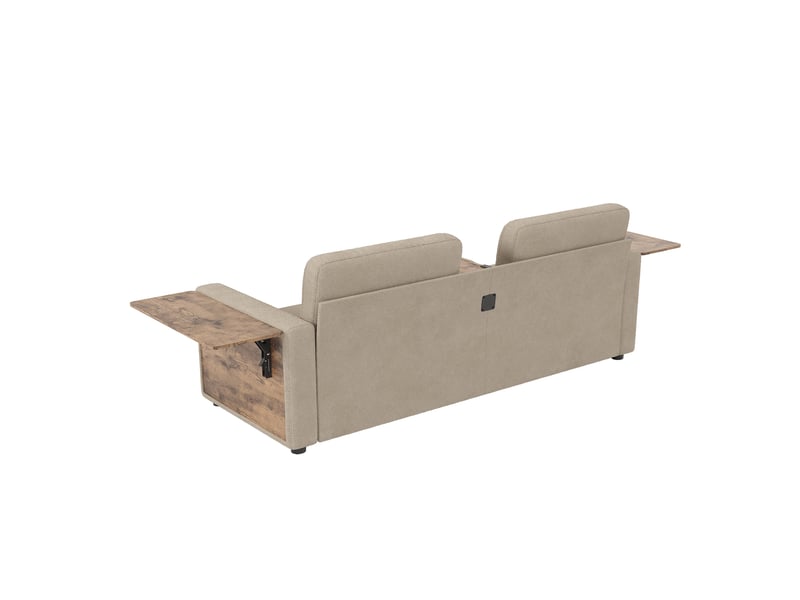Canapé droit 2 places avec tables rabattables, rangement sous assise et porte-gobelets en chenille kaki - Conforama A