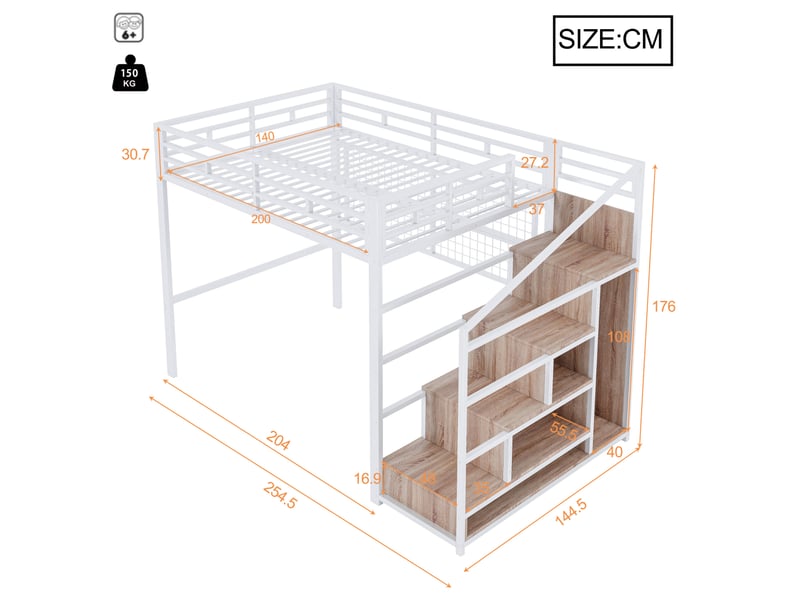 Lit mezzanine, 140 x 200 cm, armoire-échelle, espace ouvert dessous, led 7 couleurs, métal, blanc, sans matelas - Conforama C
