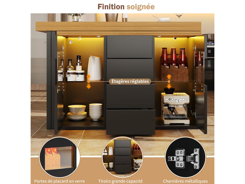 Îlot de cuisine extensible noir,avec 4 tiroirs et table à manger,4 portes,pliable,solide,mdf et métal -120(197)×40×73.8cm - Conforama B