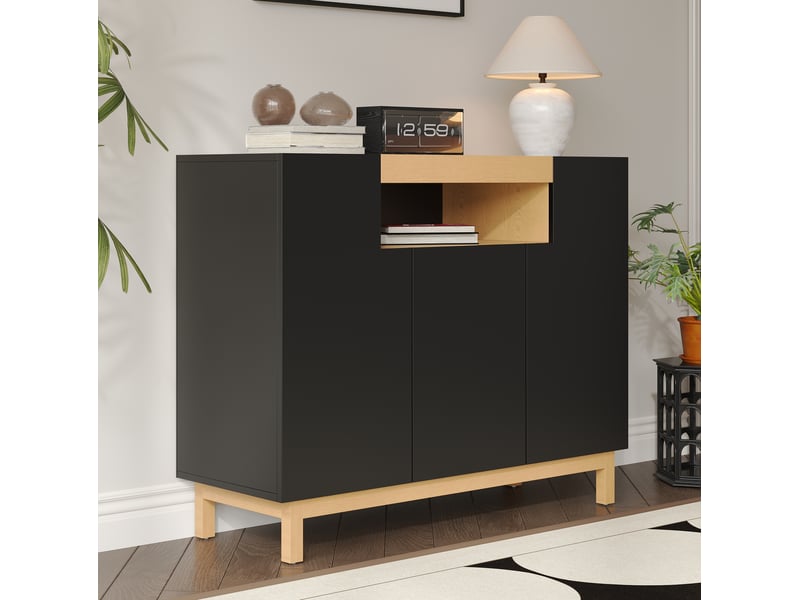  Buffet noir à 3 portes et niche ouverte 120,5 x 42 x 96 cm  - Conforama C