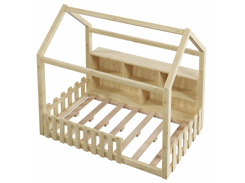 Lit enfant au sol naturel 90x190 cm maison en pin, barrières, led et rangements  - Conforama E