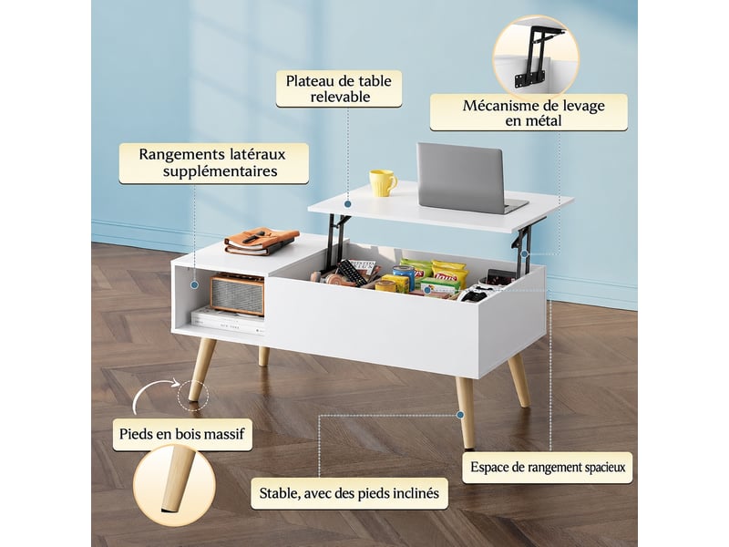  Table basse relevable avec coffre et niche ouverte, style mi-siècle, blanche, 100 x 50 cm, hauteur 41 à 57 cm  - Conforama D