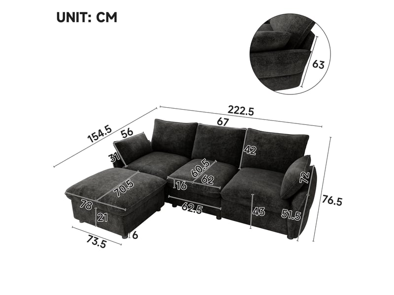 Canapé d'angle 3 places avec pouf modulable et 2 coussins, en chenille gris foncé, 222,5 × 154,5 × 76,5 cm - Conforama C