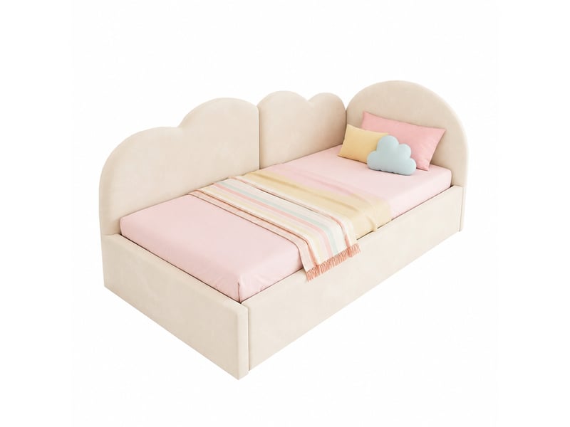 Lit gigogne 2 places en velours beige, avec dossier en l et tête de lit nuage, 90x200 et 90x190 cm, matelas non précisé - Conforama A