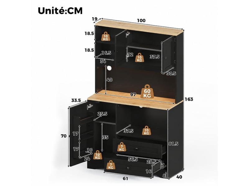 Meuble de cuisine muvano noir, buffet haut de 163 cm avec led, prises et niche micro-ondes - Conforama W