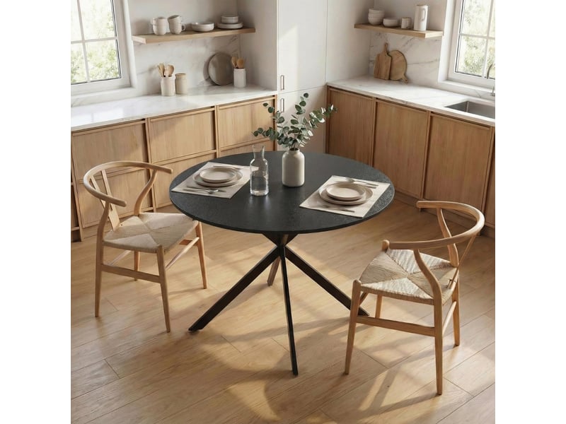  Table de salle à manger ronde 4 personnes en bois et acier pour cuisine ø100 cm noir industriel  - Conforama C