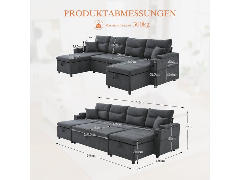  Canapé panoramique convertible en lit 272 cm, 4 places avec double méridienne, rangements, porte-gobelets, usbtype-c, tissu effet lin, gris foncé  - Conforama D
