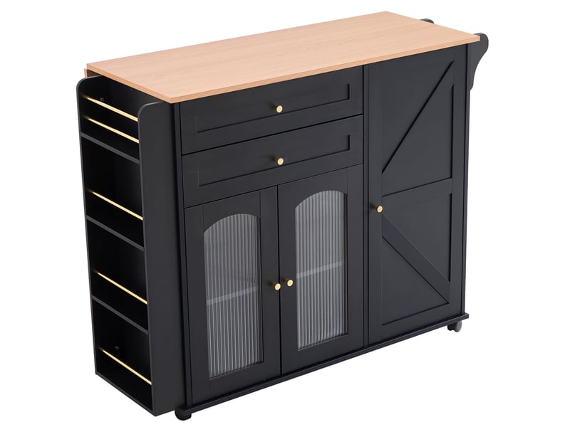  Desserte de cuisine mobile avec 3 portes, 2 tiroirs, plateau rabattable à roulettes, noir naturel, 110 × 70 × 99 cm  - Conforama A