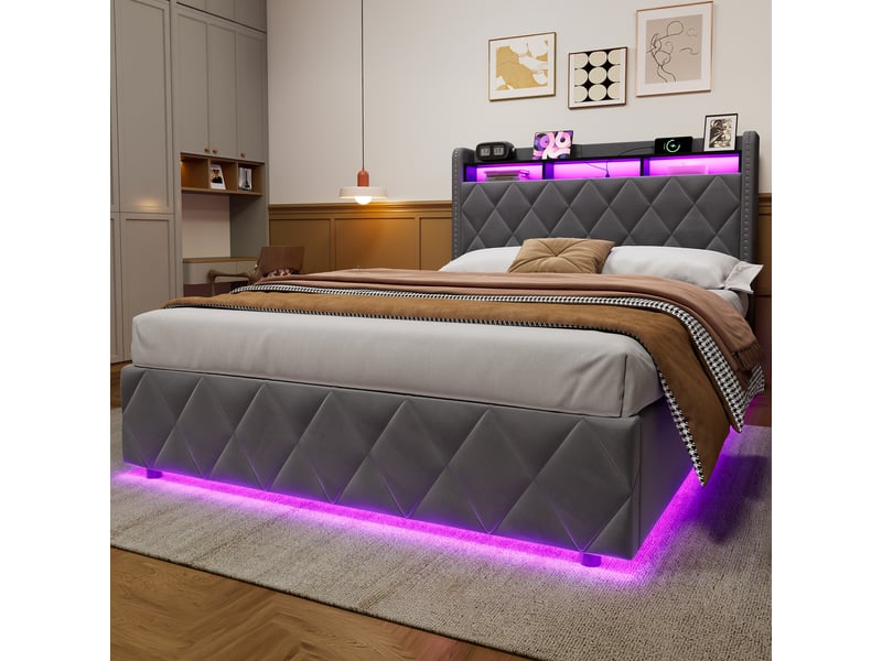  Lit coffre 140x200 cm, lit double adulte avec lumières led, fonctions de chargement et de rangement, velours gris, sans matelas  - Conforama R