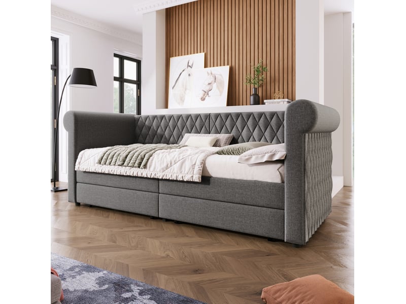  Lit banquette 90 x 200 cm gris en tissu linen, 2 tiroirs de rangement et sommier à lattes en bois  - Conforama E