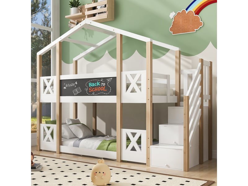  Lit enfant cabane 90 x 200 cm, escalier avec coffre, garde-corps anti-chute, 2 lattes, blanc et naturel  - Conforama D