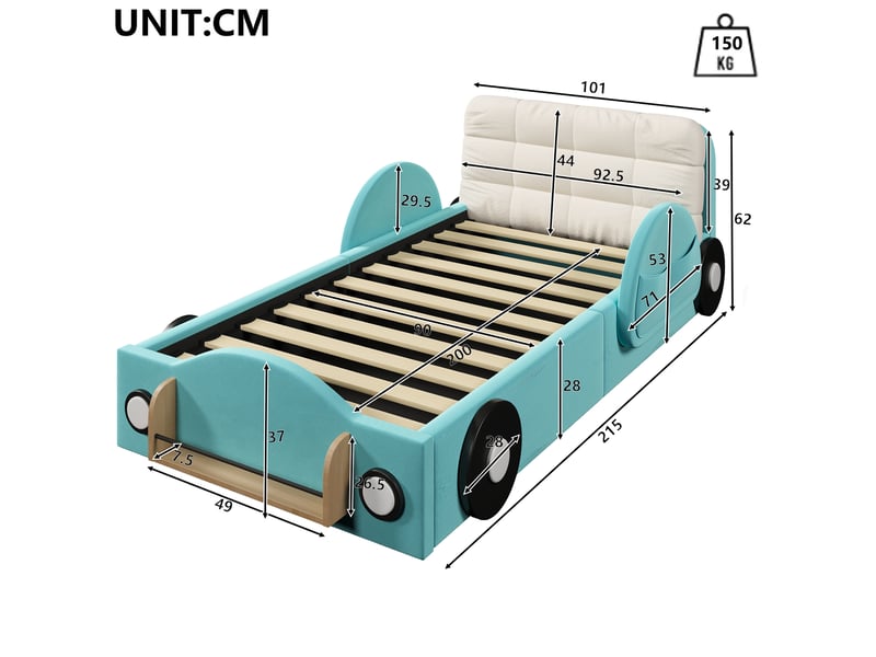  Lit à plateforme 90x200 cm avec cadre en samt, coffre de rangement hydraulique, poches latérales et etagère de livres, oreiller tête inclus  - Conforama C