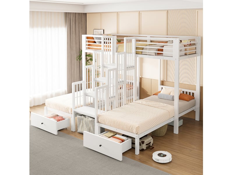  Lit superposé triple 90x200 cm, escalier central, garde-corps de sécurité, tiroirs, métal et bois, blanc, sans matelas  - Conforama D