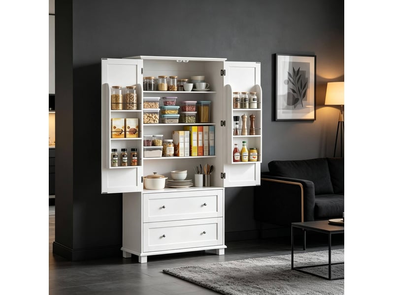  Buffet de cuisine haut à 2 portes et 2 tiroirs, étagères réglables, blanc  - Conforama C
