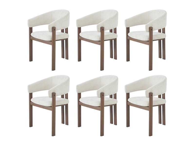  Lot de 6 chaises de salle à manger avec accoudoirs, assise respirante en tissu de lin et métal beige et noyer  - Conforama A