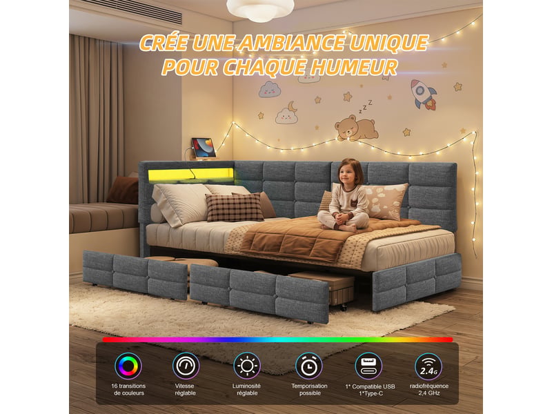  Kefsr lit double capitonné 140x190 cm, lit d'angle banquette avec 2 tiroirs, éclairage led, prises usbtype-c et sommier, tissu gris  - Conforama D